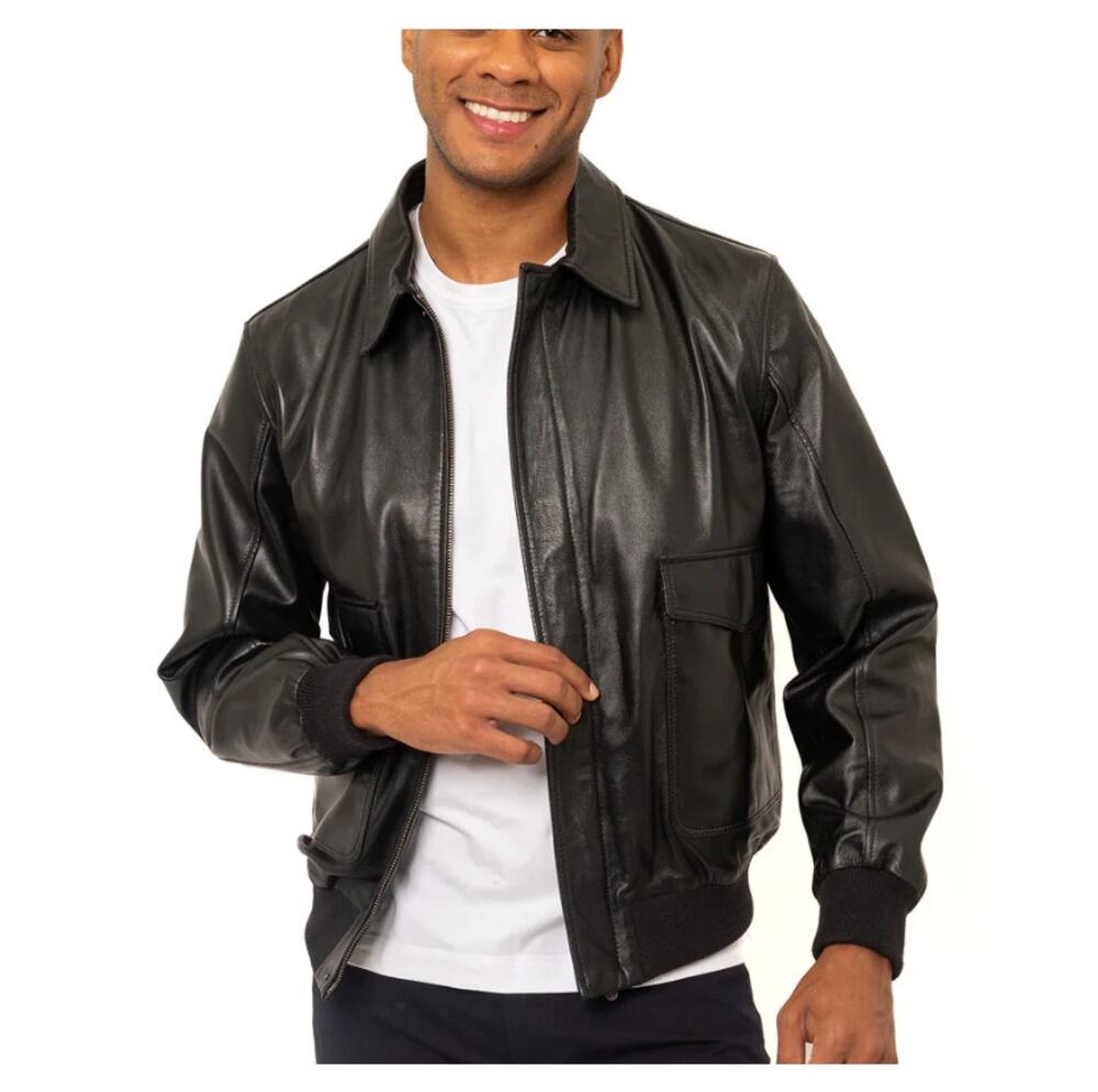 PINO By PinoPorte Men's Black Pilot Leather Bomber Jacket Size L